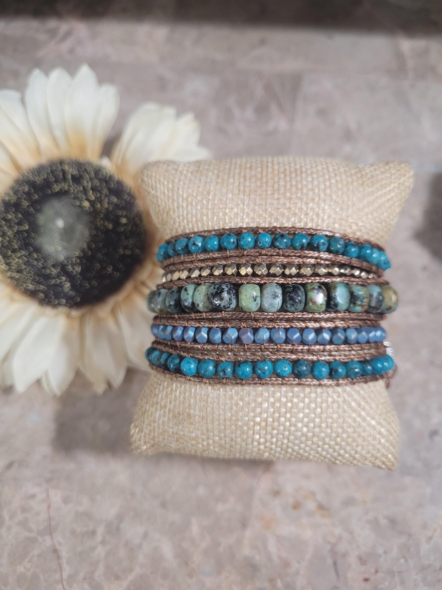 Natural Turquoise Stone 5 layer Leather Cord wrap bracelet