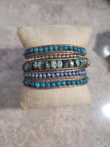 Natural Turquoise Stone 5 layer Leather Cord wrap bracelet