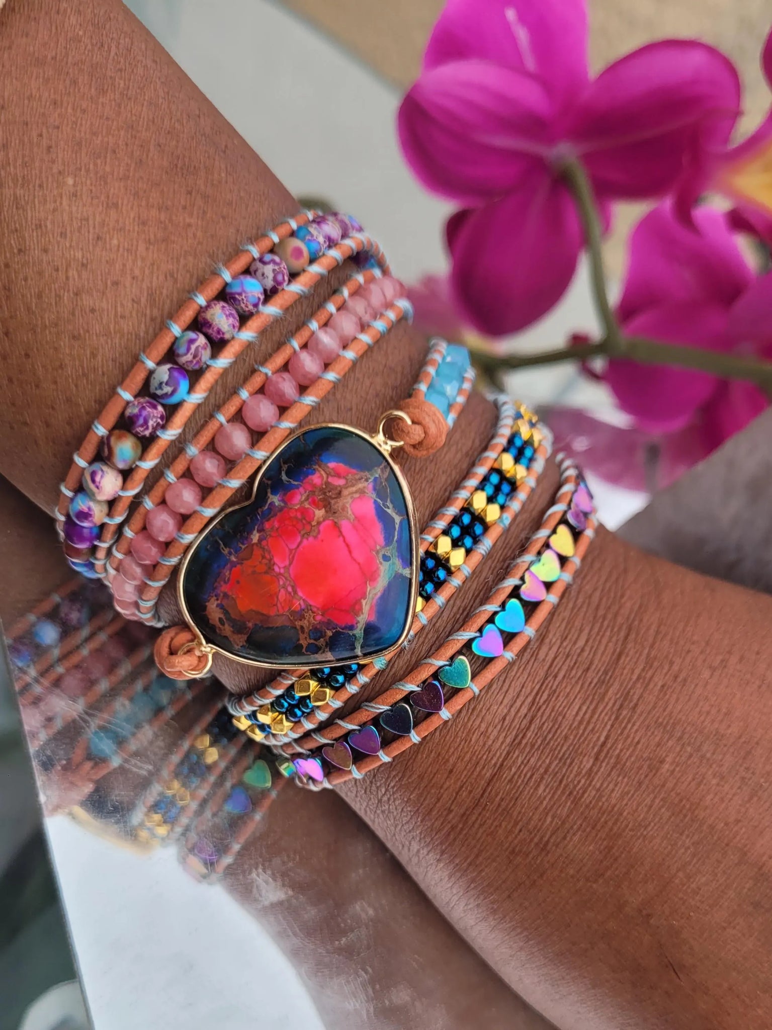 Vibrant Heart shaped Variscite Stone Wrap Bracelet