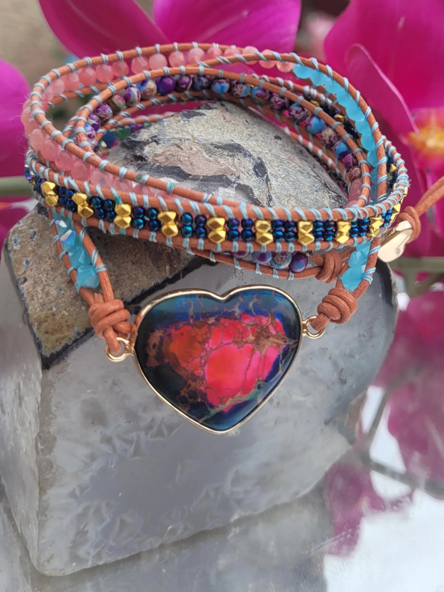 Vibrant Heart shaped Variscite Stone Wrap Bracelet
