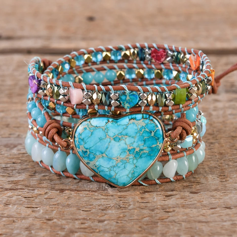 Turquoise Blue Heart Shaped Stone Leather Wrap Bracelet