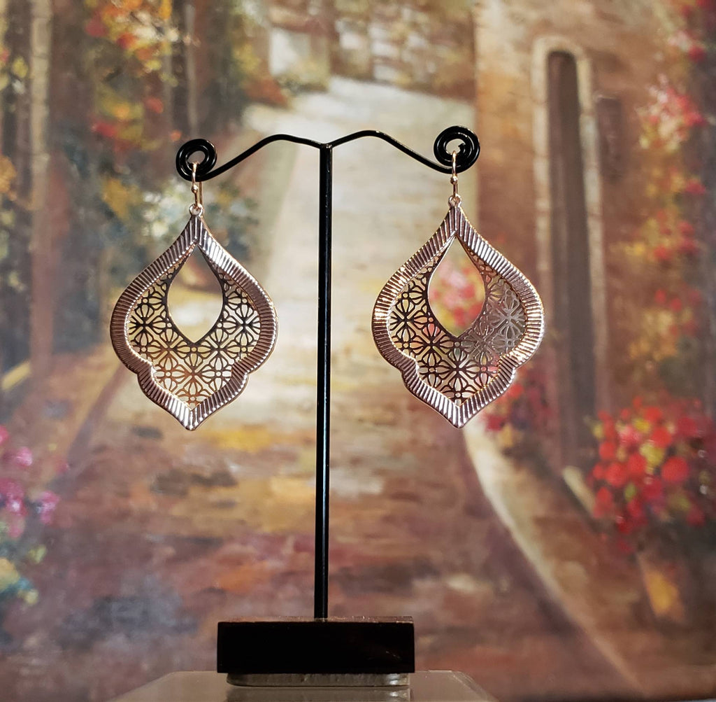 Moroccan Filigree Style Earrings, filigree rose gold Moroccan style earrings, large light weight filigree earrings
