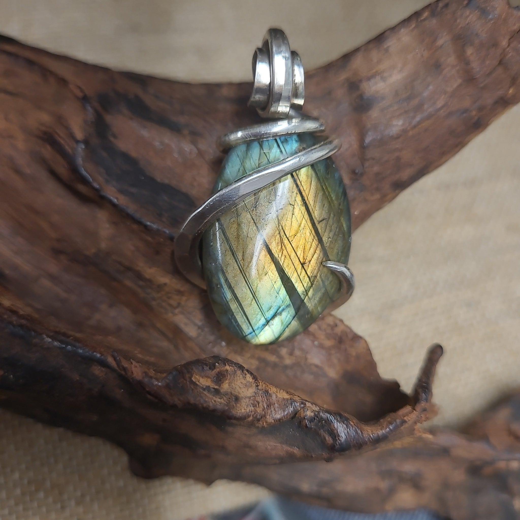 Oval Shaped Labradorite Silver Wire Wrapped Pendant - Medium