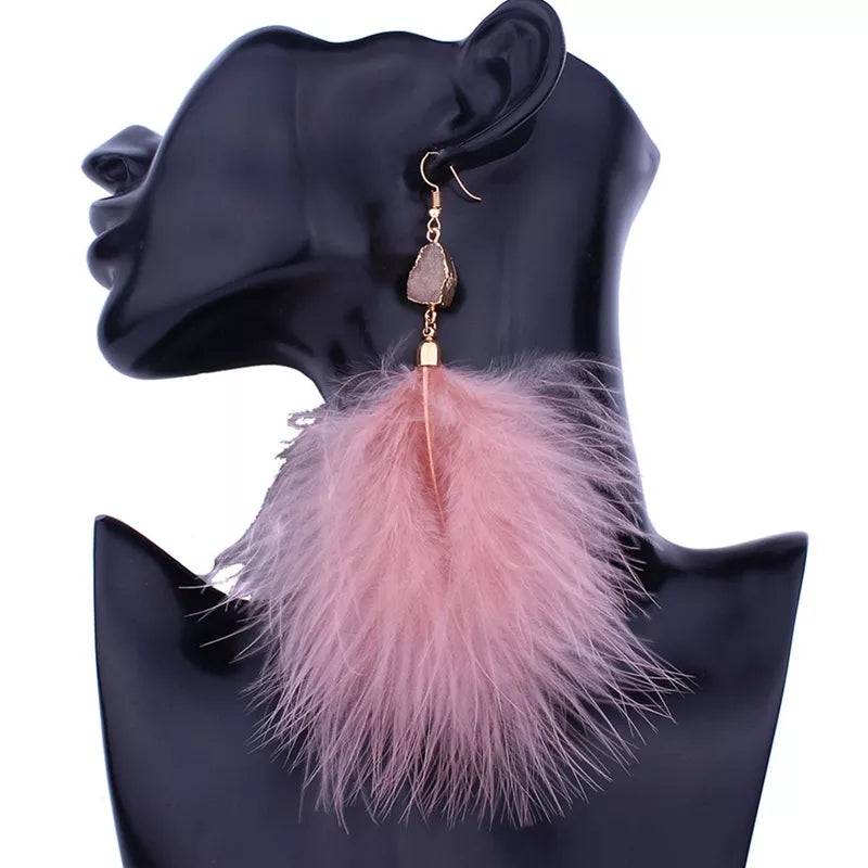 Genuine Ostrich Feather Earrings - Pink