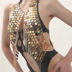 V Neck Body Chain, Silver and Gold Paillette Sequin body chain