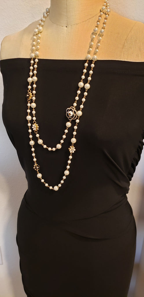 Opera Length White Pearl Necklace with Camellia Flower Accent