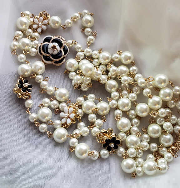 Chanel Style No 5 Camellia Long Two Layer Pearl Necklace