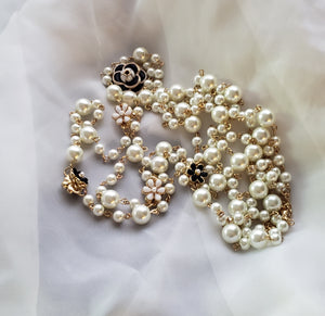 Opera Length White Pearl Necklace with Camellia Flower Accent