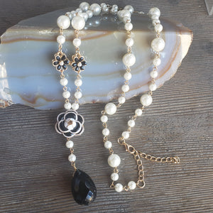 White Pearl and Camelia Floral Accent Necklace
