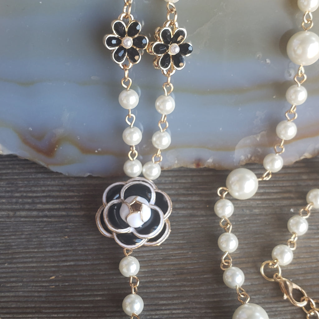 White Pearl and Camelia Floral Accent Necklace