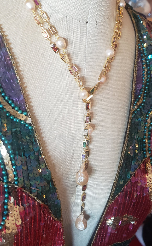 Elegant Crystal and Natural Pearl Lariat