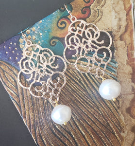 Filigree Style Natural Pearl Drop Earrings