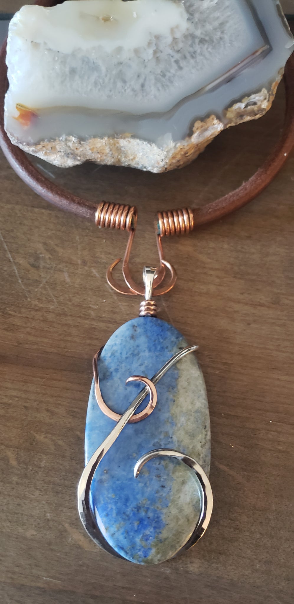Unisex Denim Lapis Large Wire Wrap Pendant