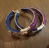 Colorful Crystal Statement Hoop Earrings, Magenta Pink and Blue Crystal Hoops