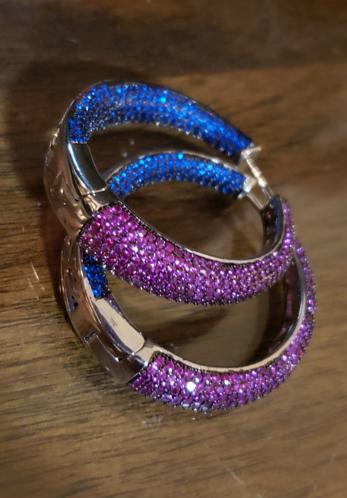 Colorful Crystal Statement Hoop Earrings, Magenta Pink and Blue Crystal Hoops
