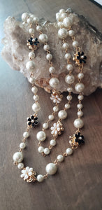 Beautiful White Pearl and enameled flower Necklace