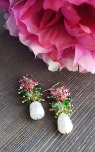 Pink And Green Crystal and Natural Pearl Earrings, AKA Paraphernalia, Alpha Kappa Alpha Sorority Inc