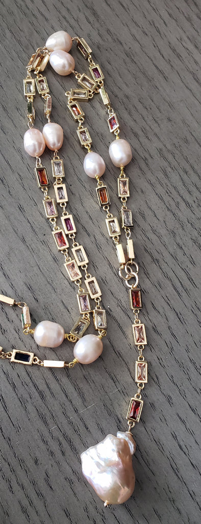 Colorful Elegant Unique Long crystal and Pearl Drop Necklace
