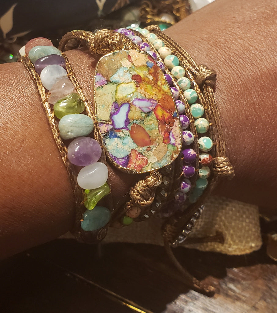 Colorful boho style wrap bracelet, natural stone jewelry, colorful stone bracelet, 