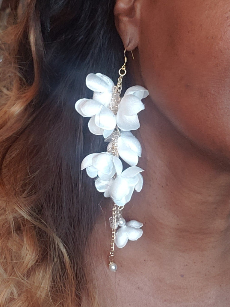 Long White Flower Wedding & Bridal Earrings