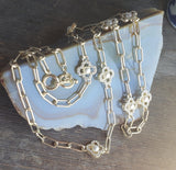 Long Silver and Gold Chain Crystal and Pearl Clover Charm Necklace
