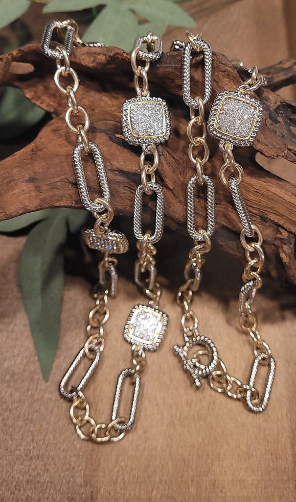 Yurmanesque Silver and Gold Pave Crystal Cable Toggle Chain Necklace