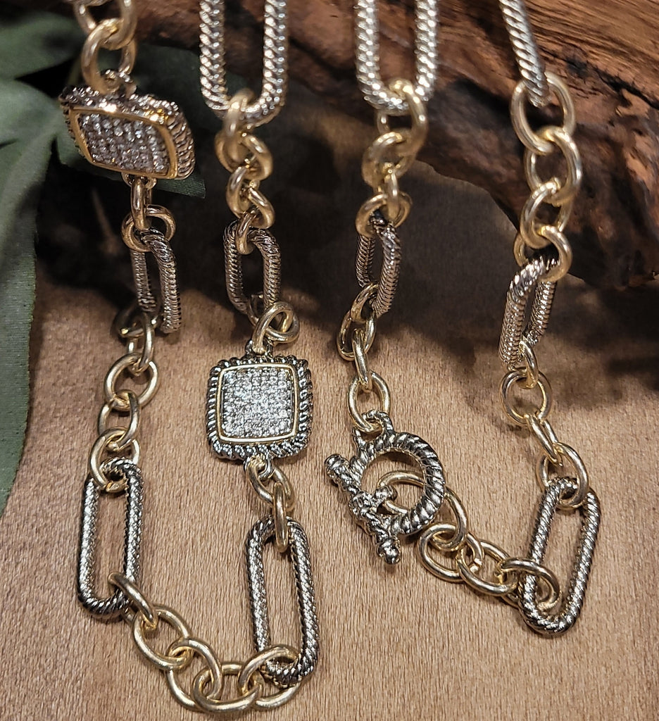 Yurmanesque Silver and Gold Pave Crystal Cable Toggle Chain Necklace