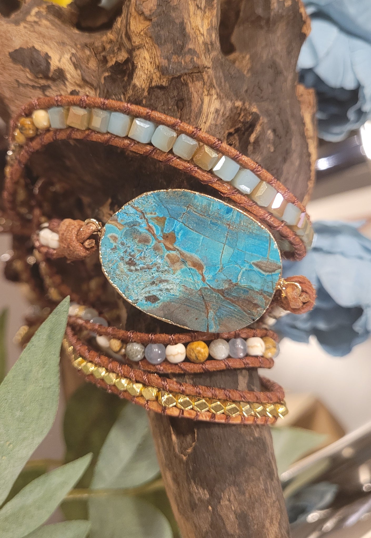 Unisex Turquoise & Mixed Color Natural Stone & Leather Cord Wrap Bracelet