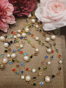 Extra Long Colorful Genuine Pearl and Crystal Necklace