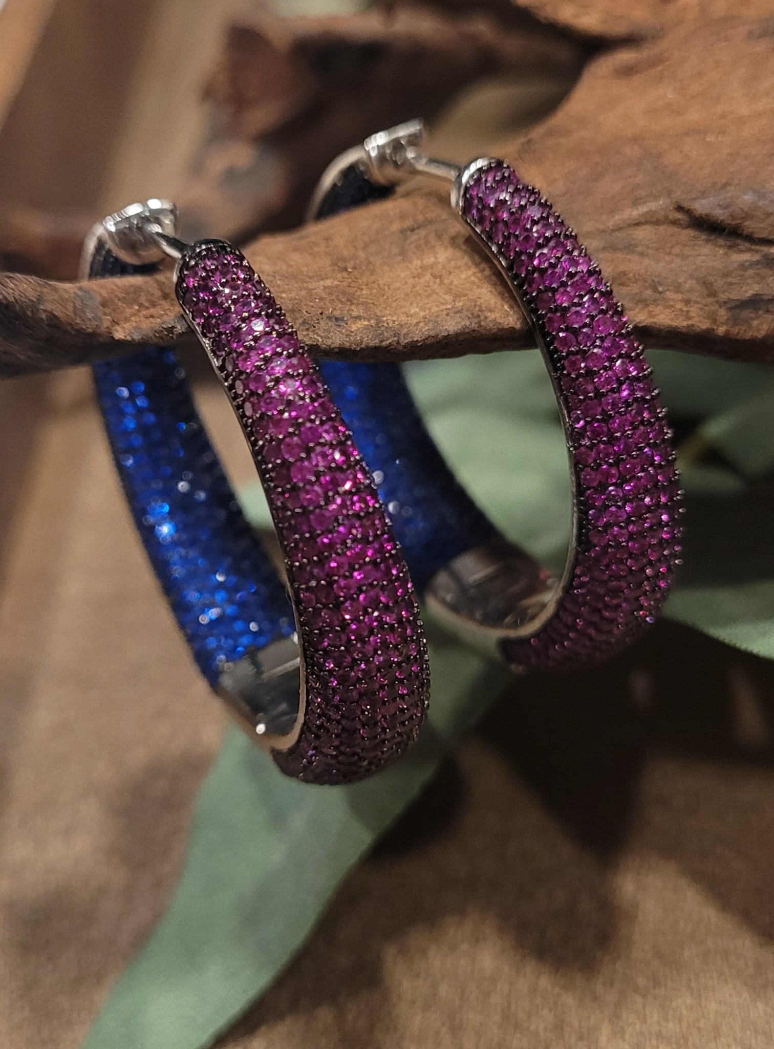 Colorful Crystal Statement Hoop Earrings, Magenta Pink and Blue Crystal Hoops