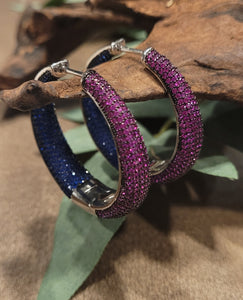 Colorful Crystal Statement Hoop Earrings, Magenta Pink and Blue Crystal Hoops