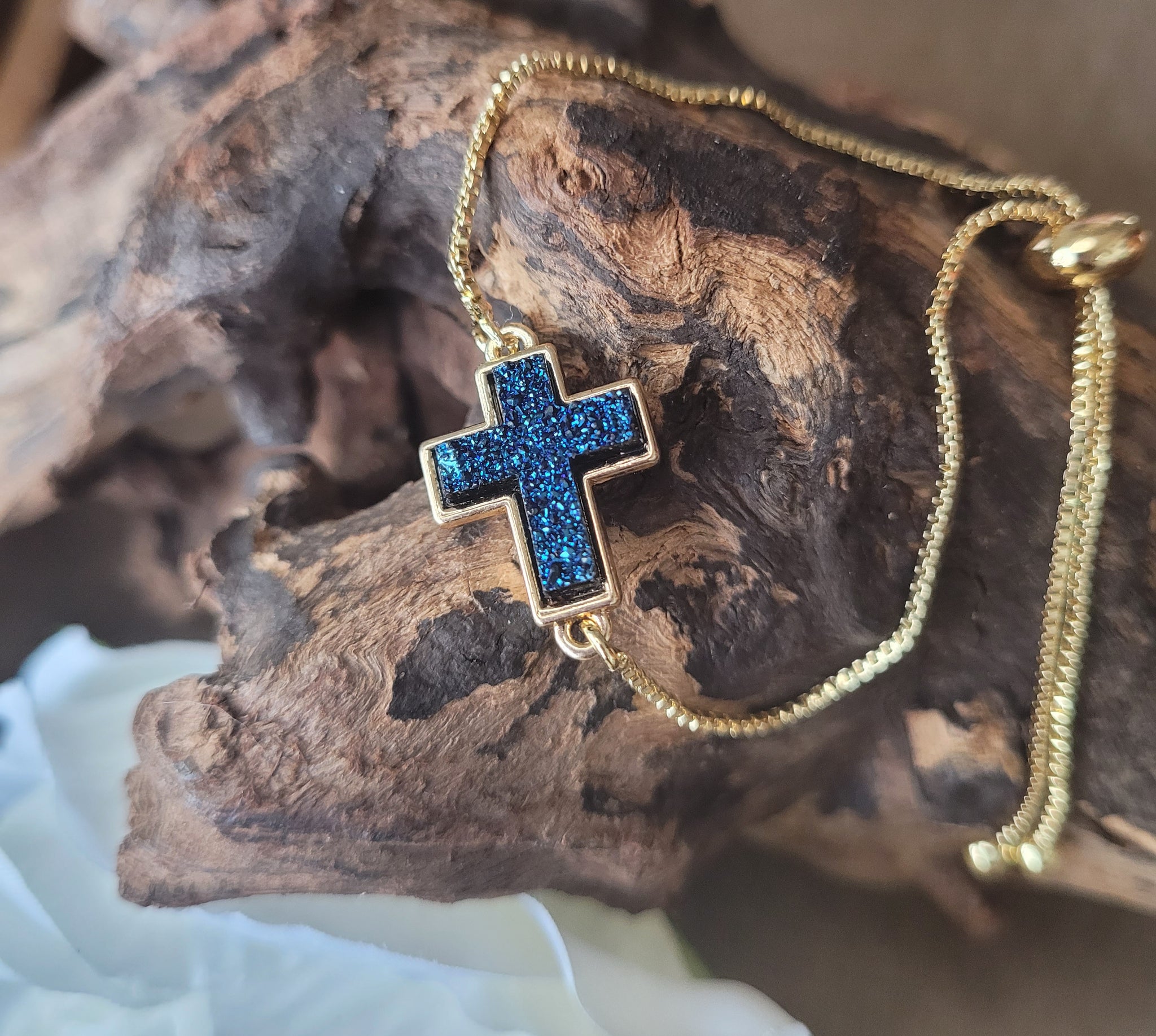 Cross Symbol Crystal Druzy Adjustable Slide Clasp Cross Bracelet. Geode Crucifix Bracelet