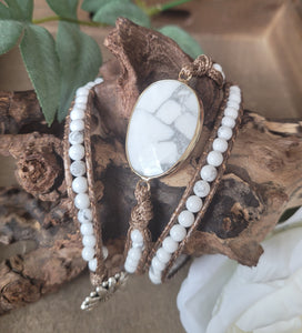Howlite boho wrap style bracelet, Natural stone wrap bracelet, white stone bracelet, leather cord wrap bracelet