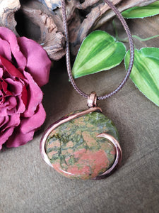 Unakite Natural Stone Pendant Necklace - Round Shape Natural Stone Copper Wire Wrapped Pendant