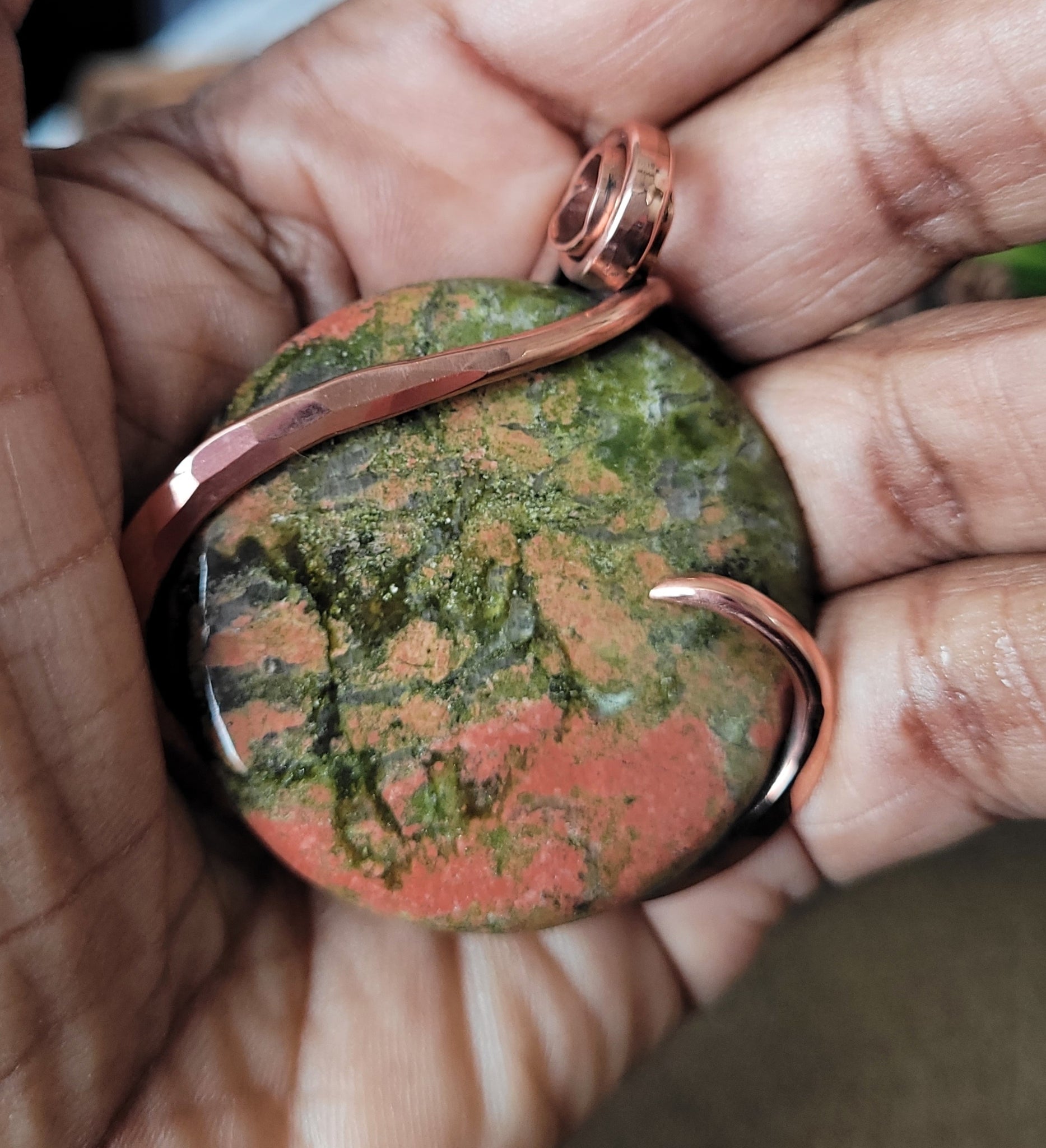 Unakite Natural Stone Pendant Necklace - Round Shape Natural Stone Copper Wire Wrapped Pendant