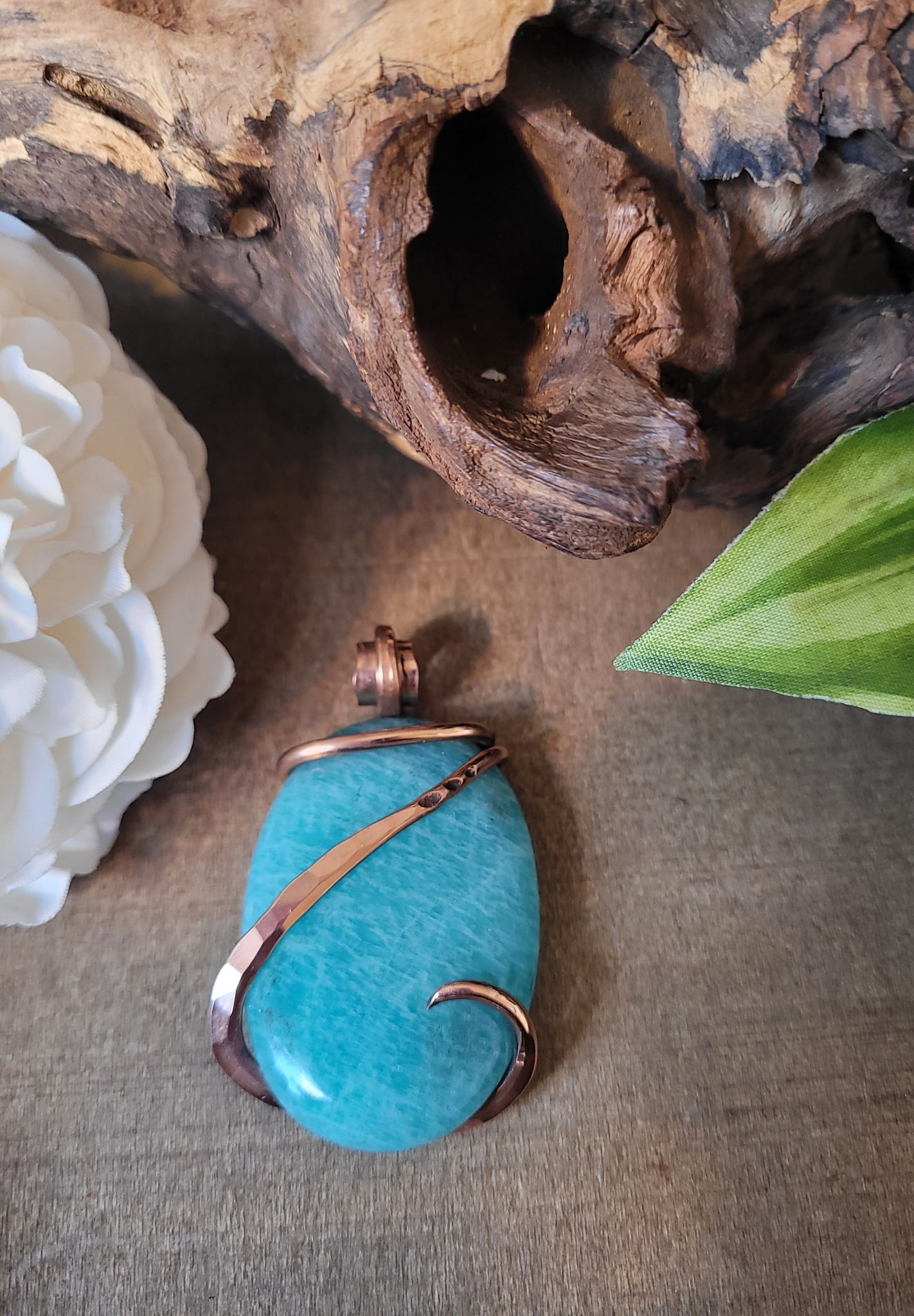 Amazonite Natural Stone Pendant Necklace, Amazonite Jewelry, Teal Blue Stone, Copper Wire Wrap Necklace