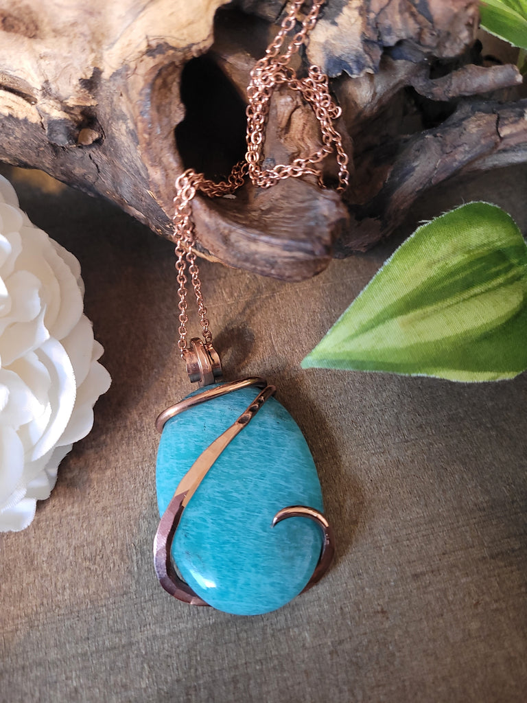 Amazonite Natural Stone Pendant Necklace, Amazonite Jewelry, Teal Blue Stone, Copper Wire Wrap Necklace
