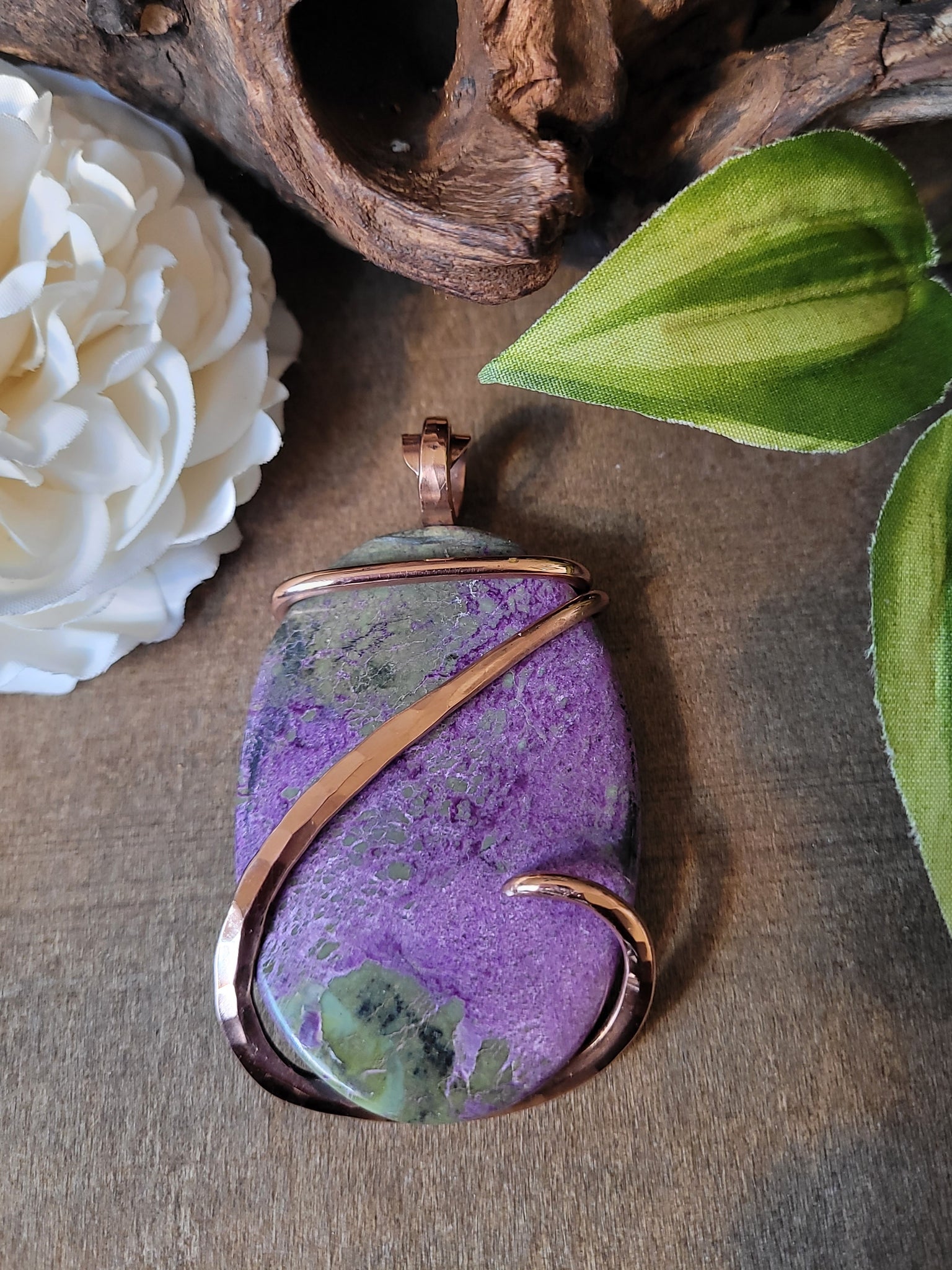 Stitchtite Natural Stone Pendant Necklace, Large Oval Shaped Stone Wire Wrapped Pendant, Copper Wire Wrap Necklace, Purple and Green Stone Necklace