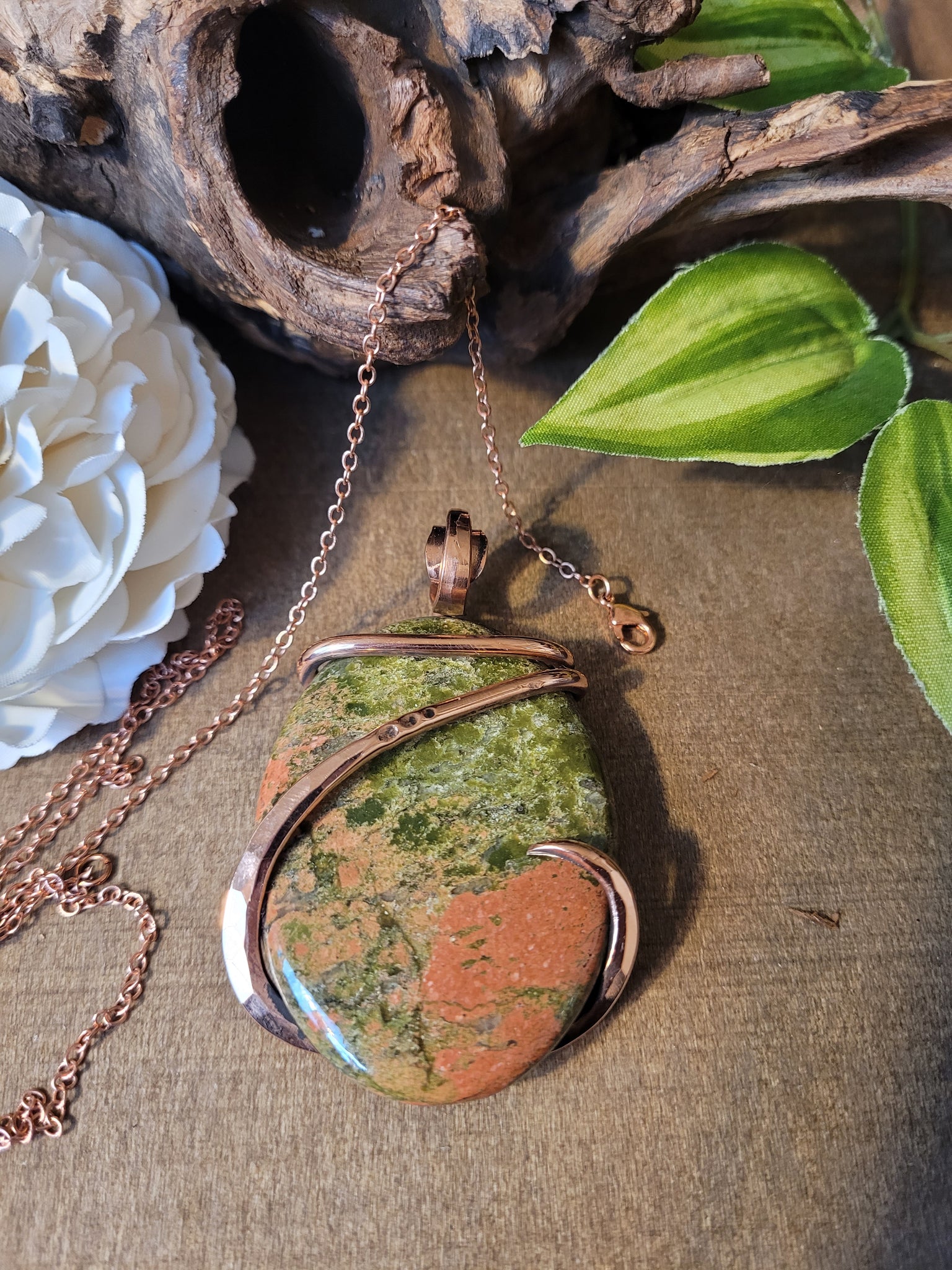 Unakite Natural Stone Pendant Necklace, Large Oval Shaped Natural Stone Necklace, Unisex Copper Wire Wrapped Pendant