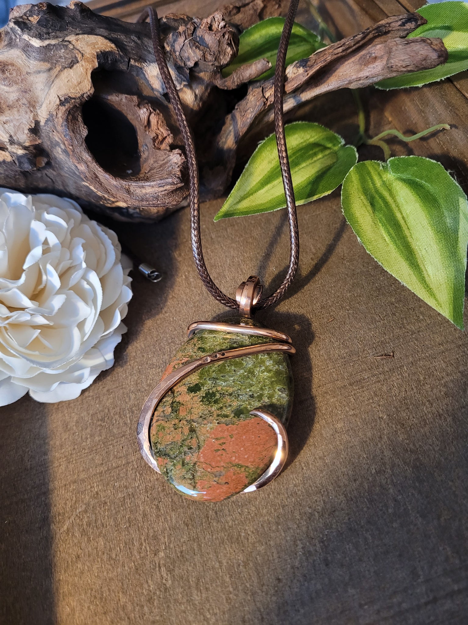 Unakite Natural Stone Pendant Necklace, Large Oval Shaped Natural Stone Necklace, Unisex Copper Wire Wrapped Pendant