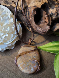 Natural Beige Chalcedony - Copper Wire Wrap Pendant