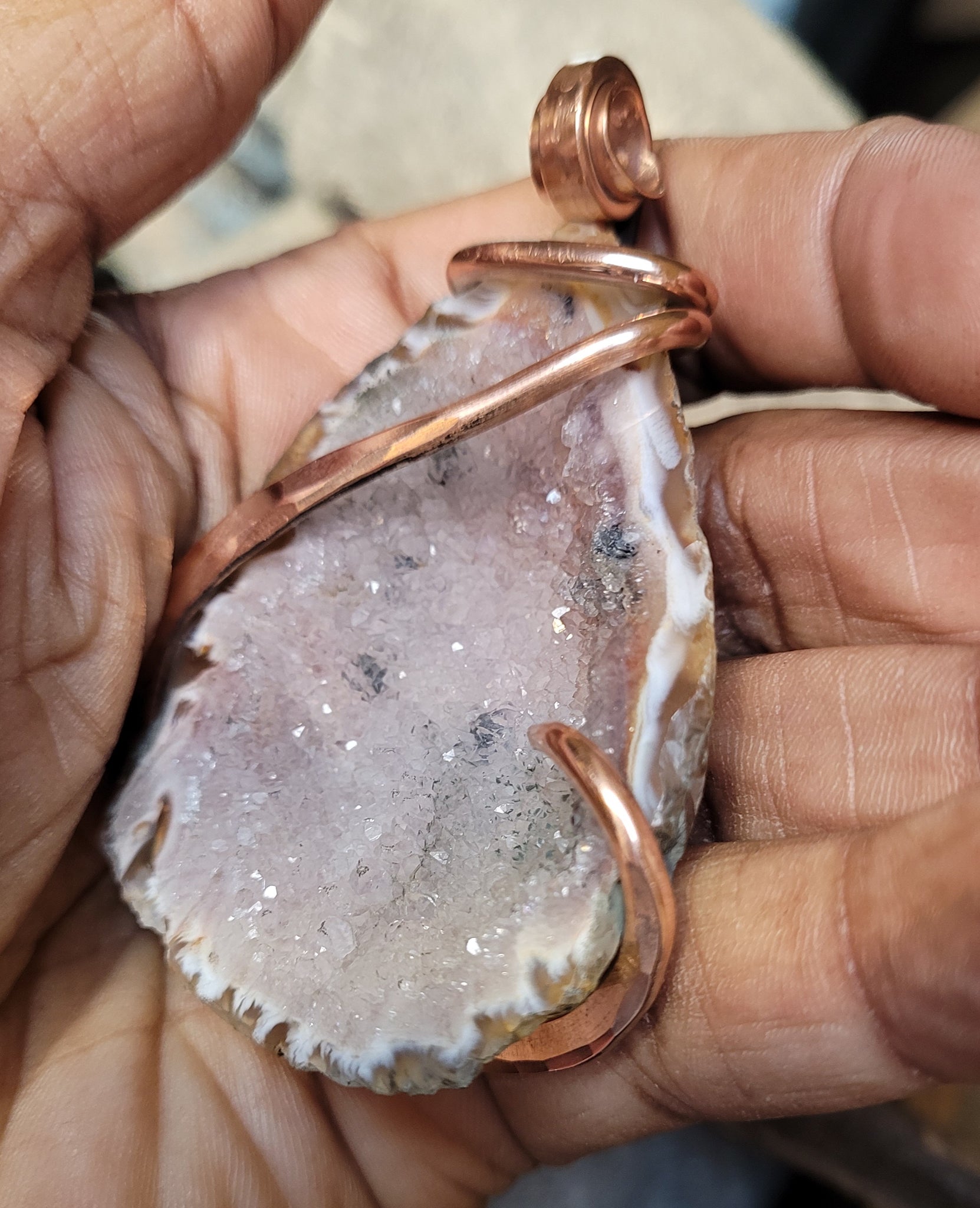 Pink & Brown Brazilian Druzy Agate Geode Natural Stone Pendant