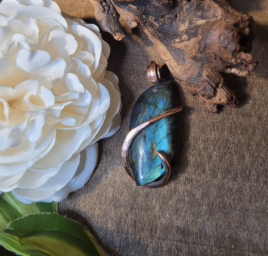 Blue Flash Labradorite Wire Wrapped Pendant, Large AAA Labradorite stone necklace