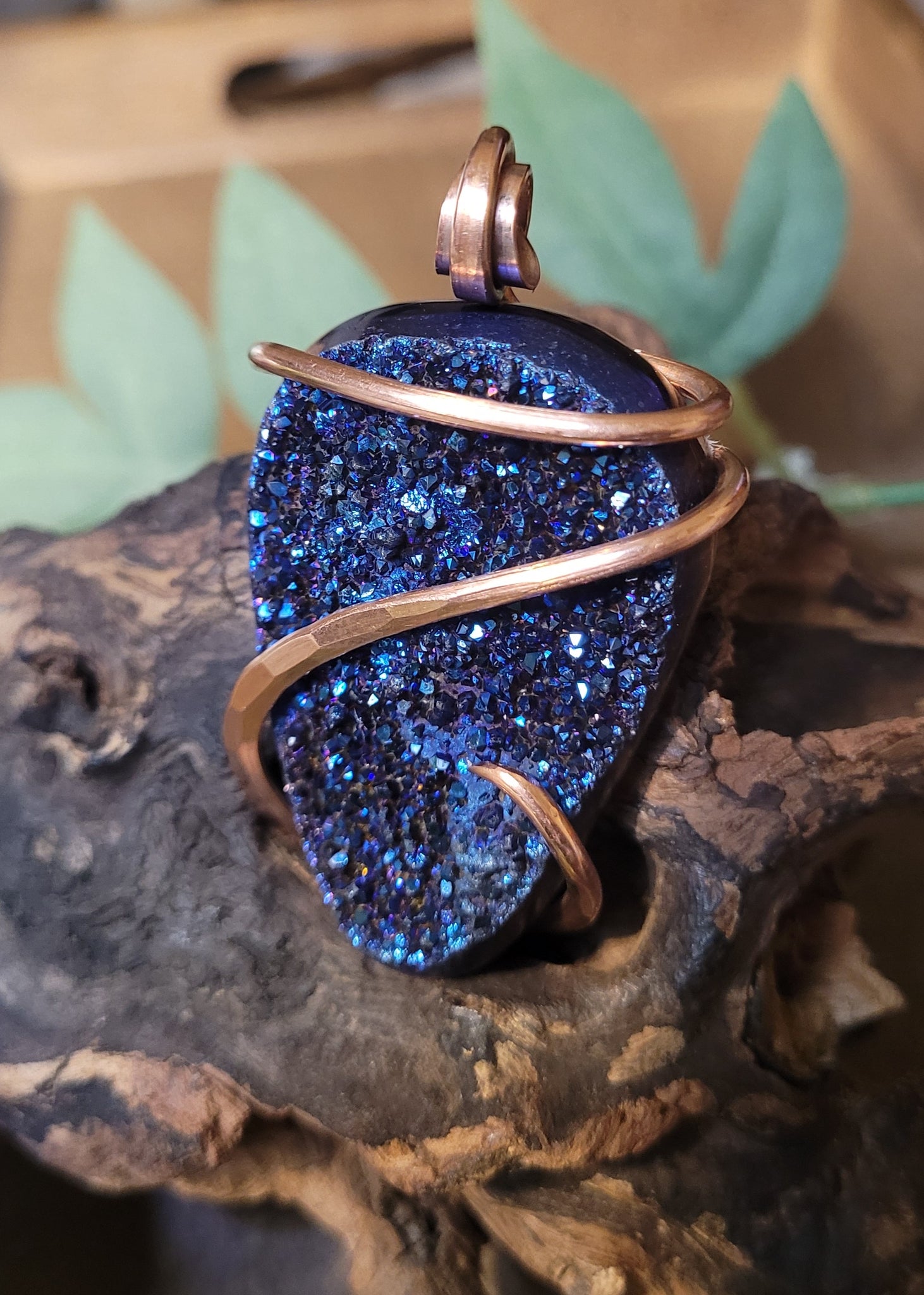 Unisex Cobalt Blue Titanium Aura Druzy Natural Stone Pendant