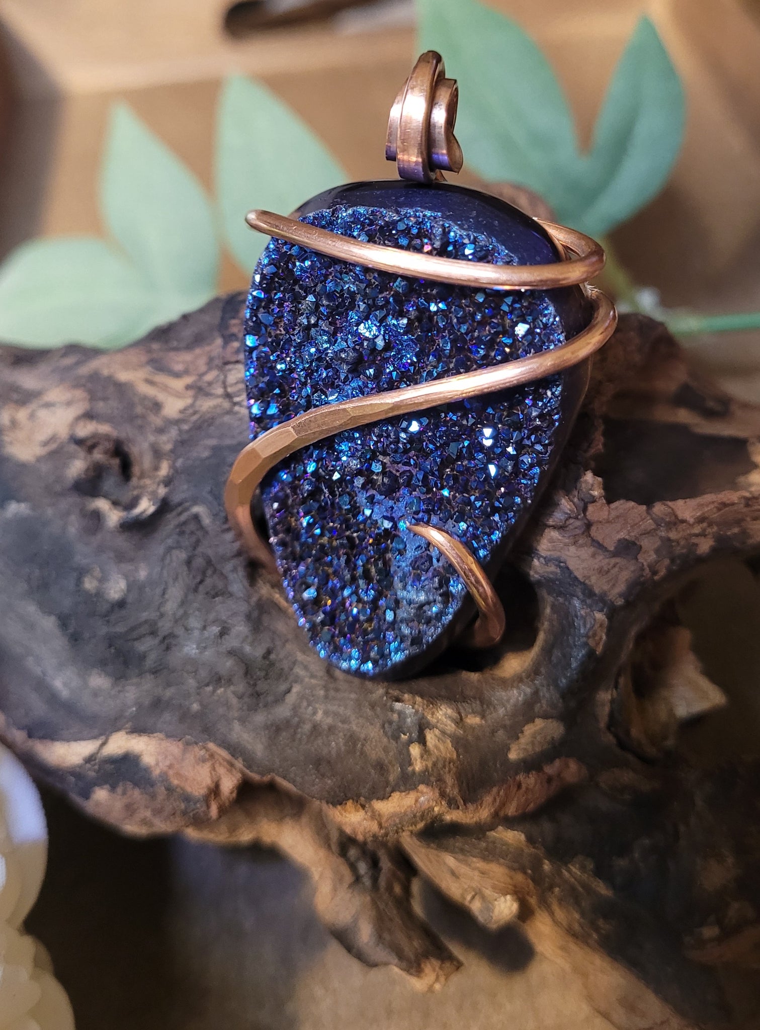 Unisex Cobalt Blue Titanium Aura Druzy Natural Stone Pendant