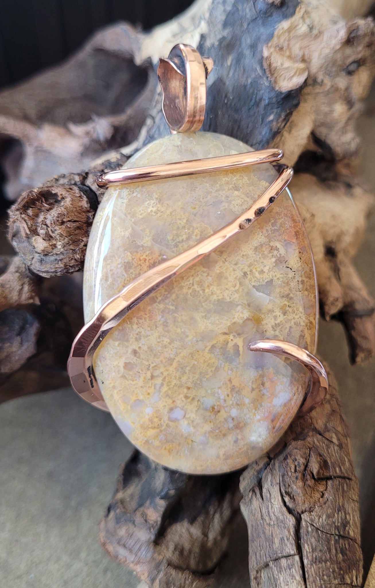 Natural Beige Chalcedony - Copper Wire Wrap Pendant
