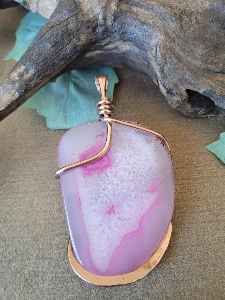 Pink Sliced Agate Pendant Necklace, Oversized Natural Stone Statement Necklace