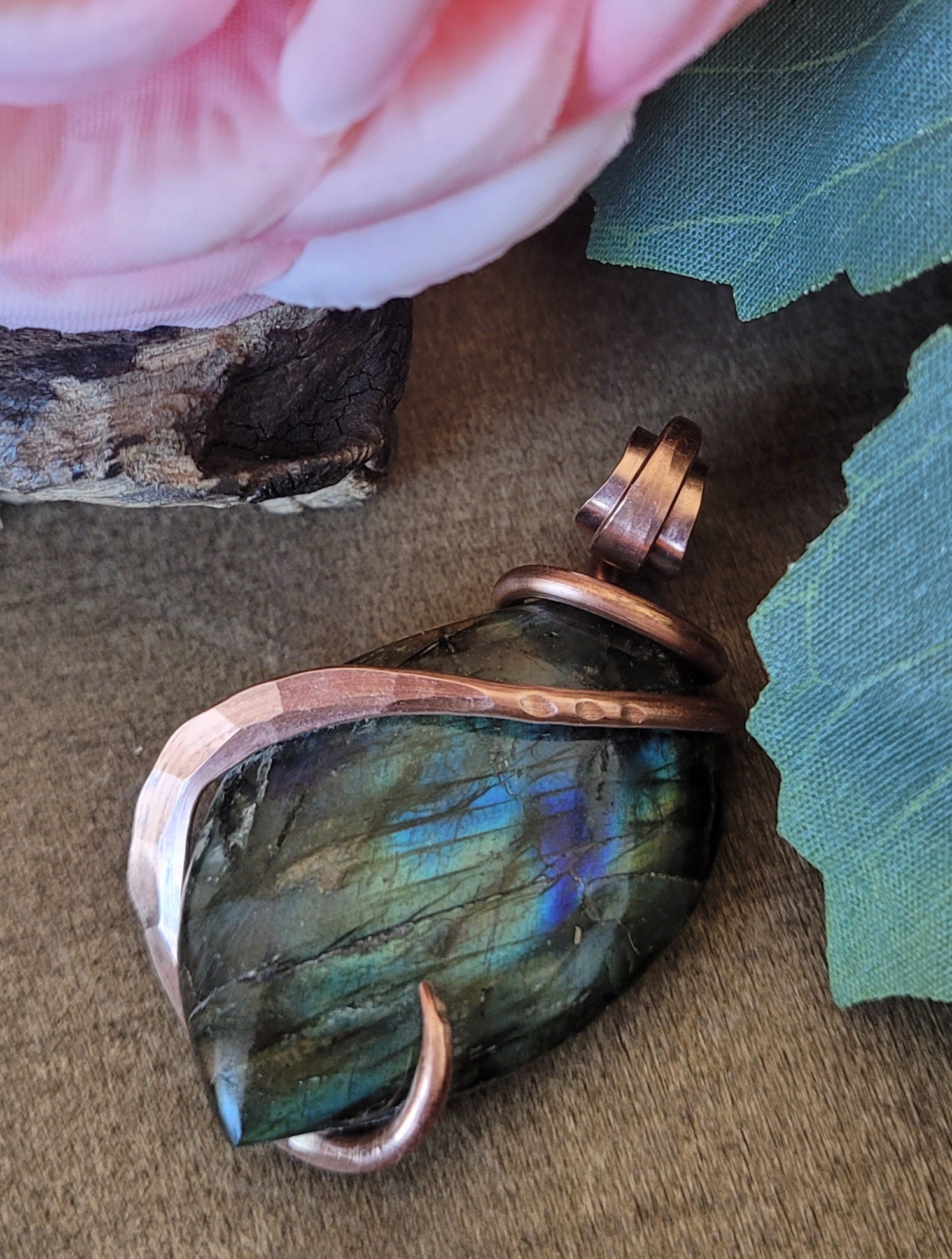 Fiery Green and Blue Flash Labradorite Wire Wrap Pendant