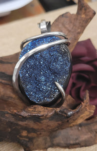 925 Sterling Silver Cobalt Blue Titanium Drusy Natural Stone Pendant