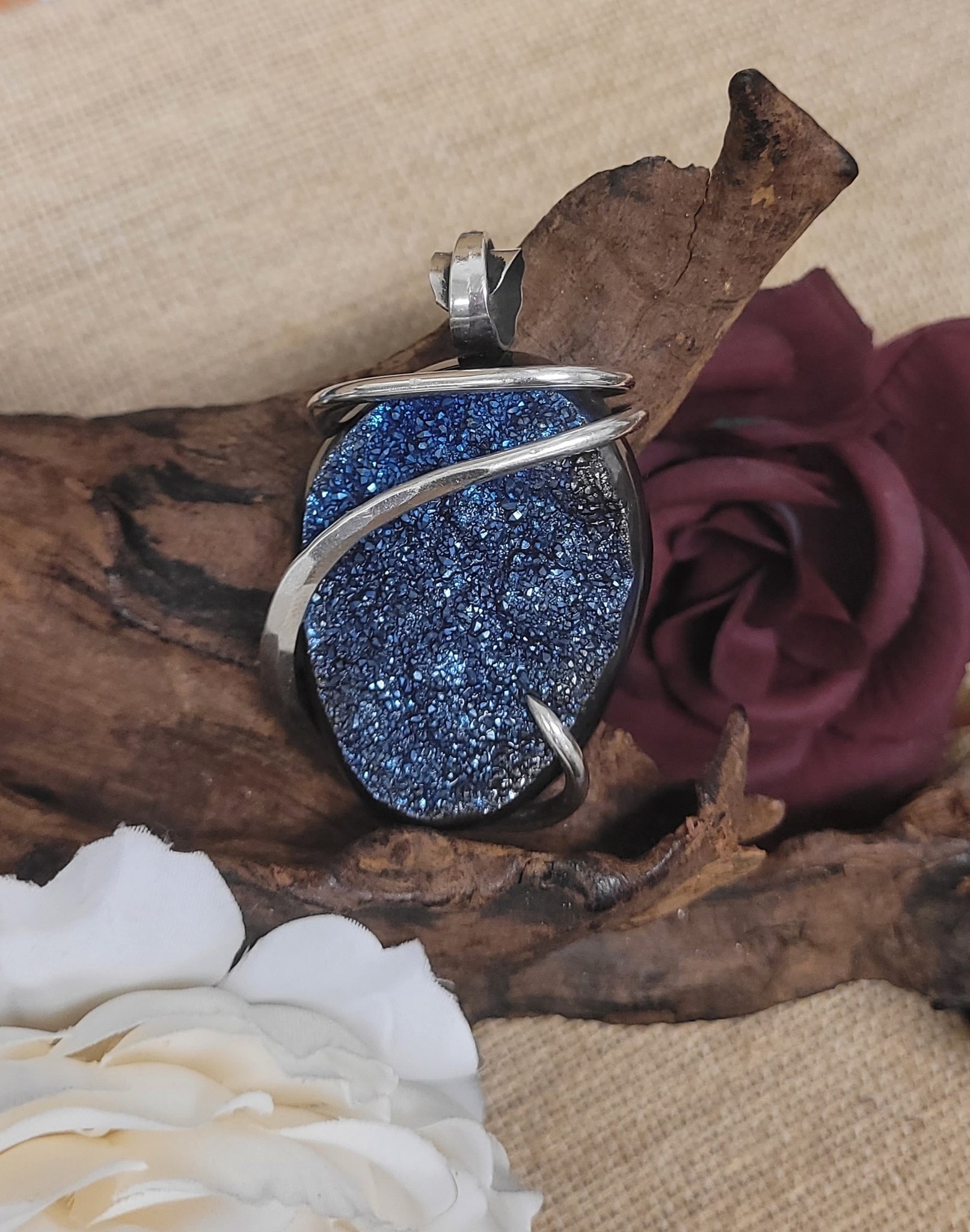 925 Sterling Silver Cobalt Blue Titanium Drusy Natural Stone Pendant